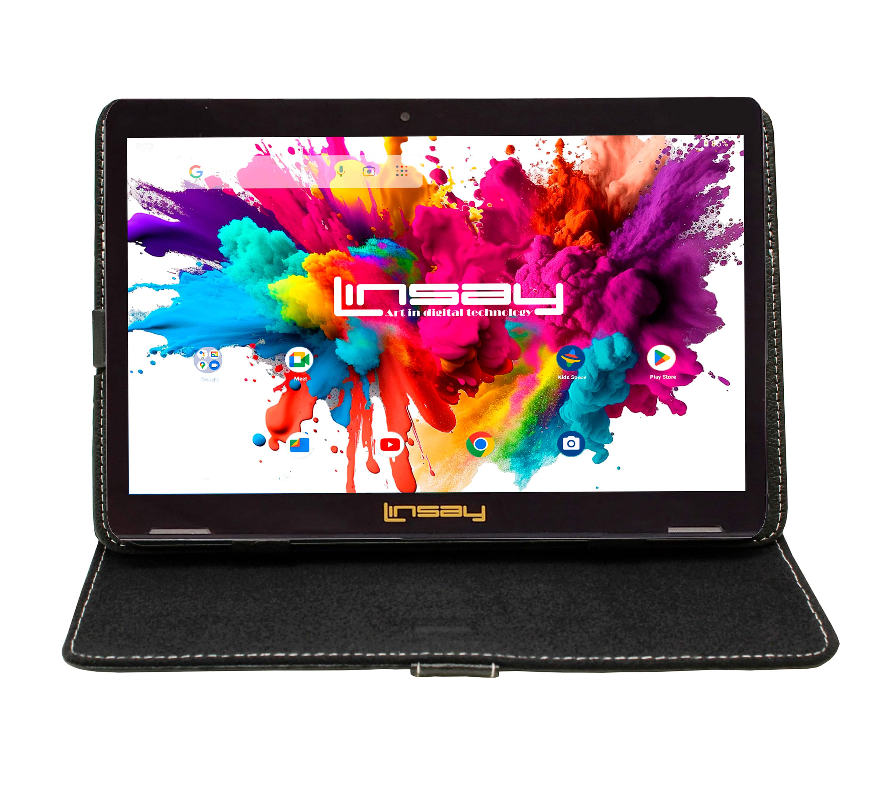 LINSAY tablet displaying home screen with apps on a desk