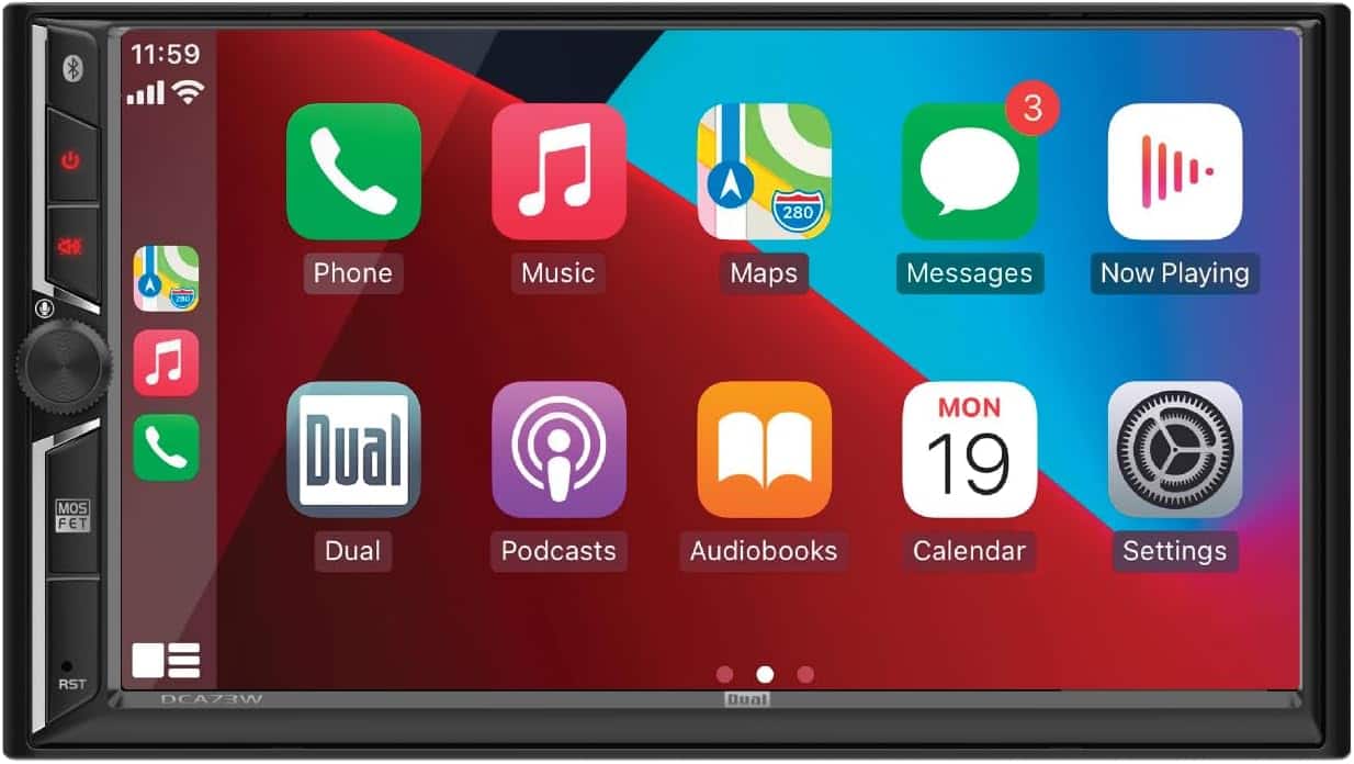 Installing Shop Dual DCA73W Car Stereo Apple CarPlay Android Auto on a wooden desk