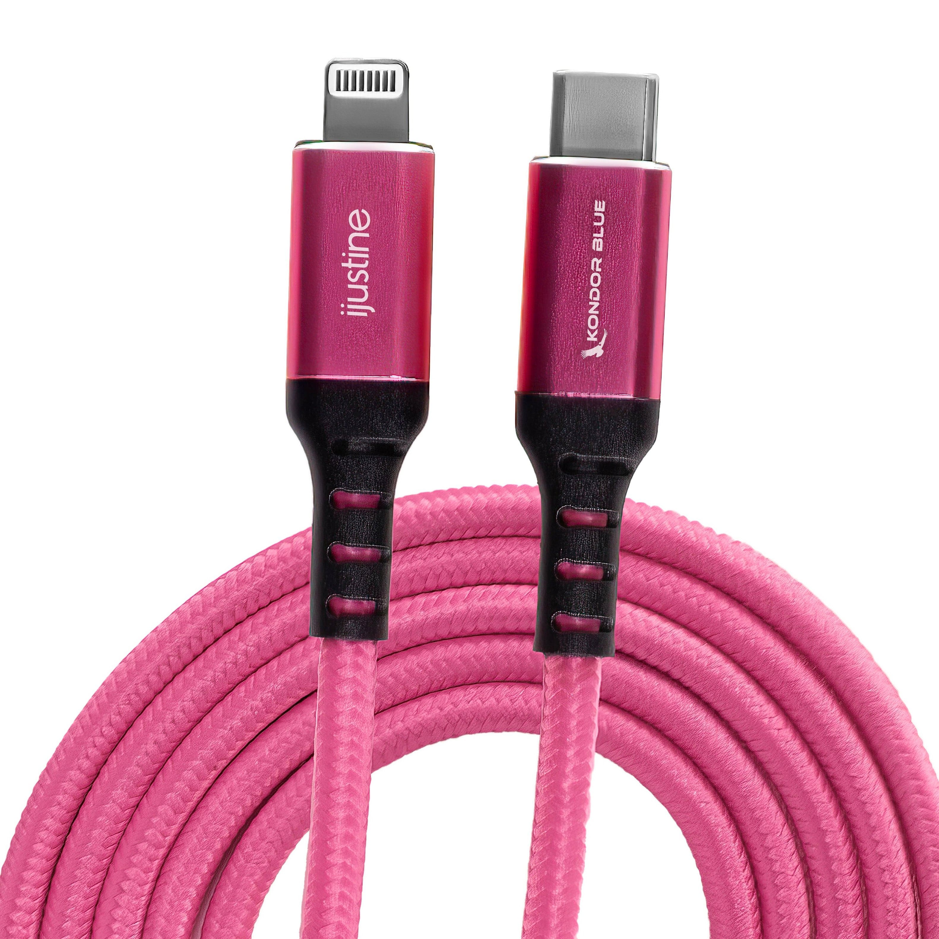 KONDOR BLUE Pink Lightning Cable connected to an iPhone for charging