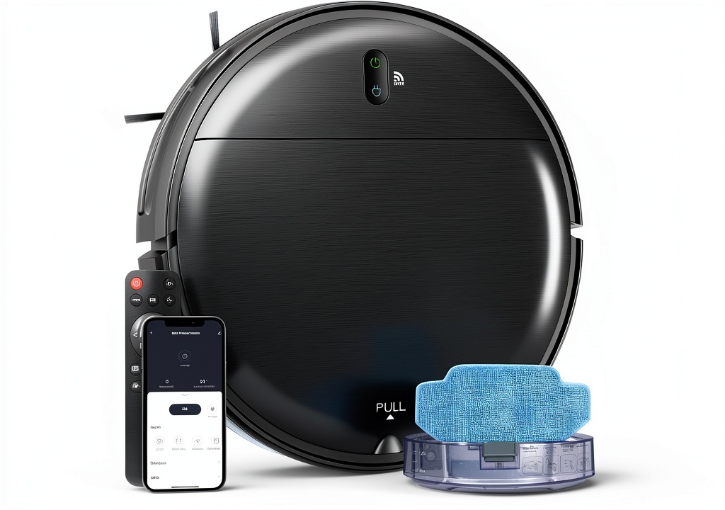 Teendow robot vacuum mop navigating a modern living room with hardwood flooring, showing the device in action
